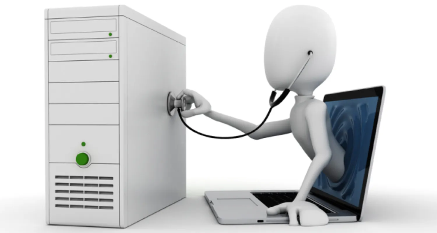 a representation of a human-shaped character emerging from a monitor to check a computer for the services of Tally Solution Dubai ,UAE 