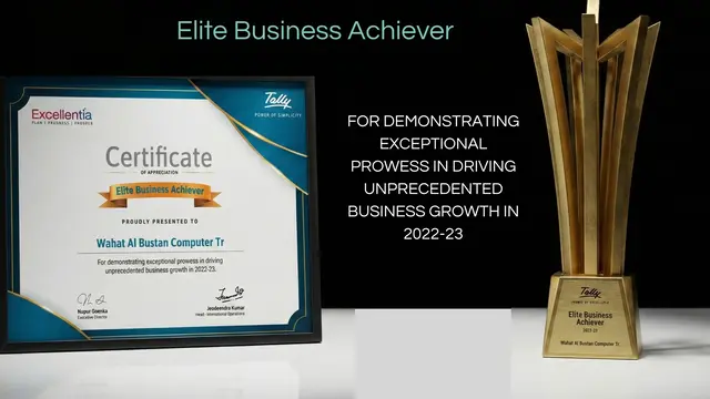 Tally Excellentia Elite Business Achiever certificate and trophy for business growth in 2022-23