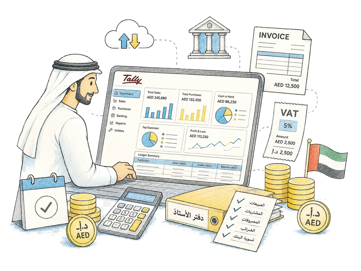 UAE business owner sending e-invoices from a TallyPrime dashboard showing AED totals and VAT